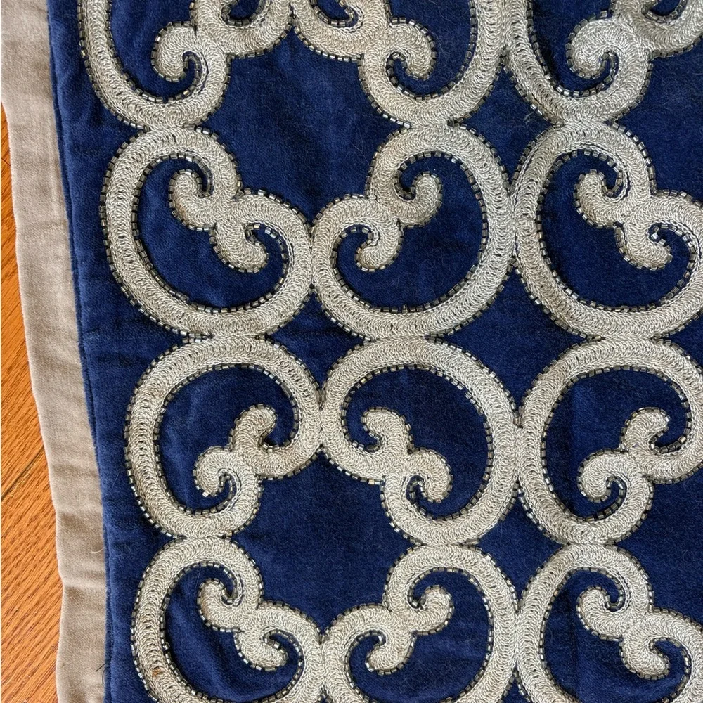 Pier 1 Imports Navy Blue Velvet Table Runner Silver Scroll Embroidery 14x36